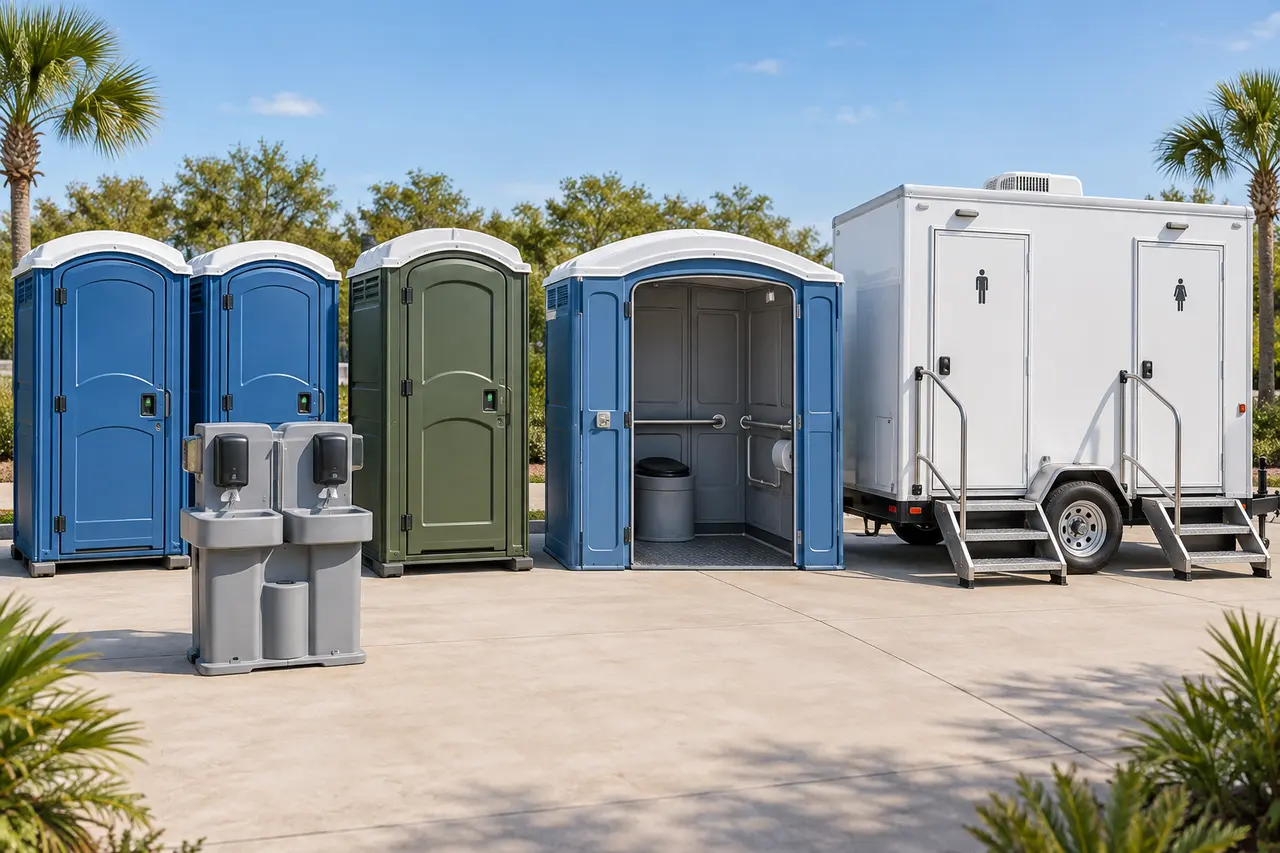 Lineup of portable toilet cabins, an accessible cabin, handwashing station and restroom trailer